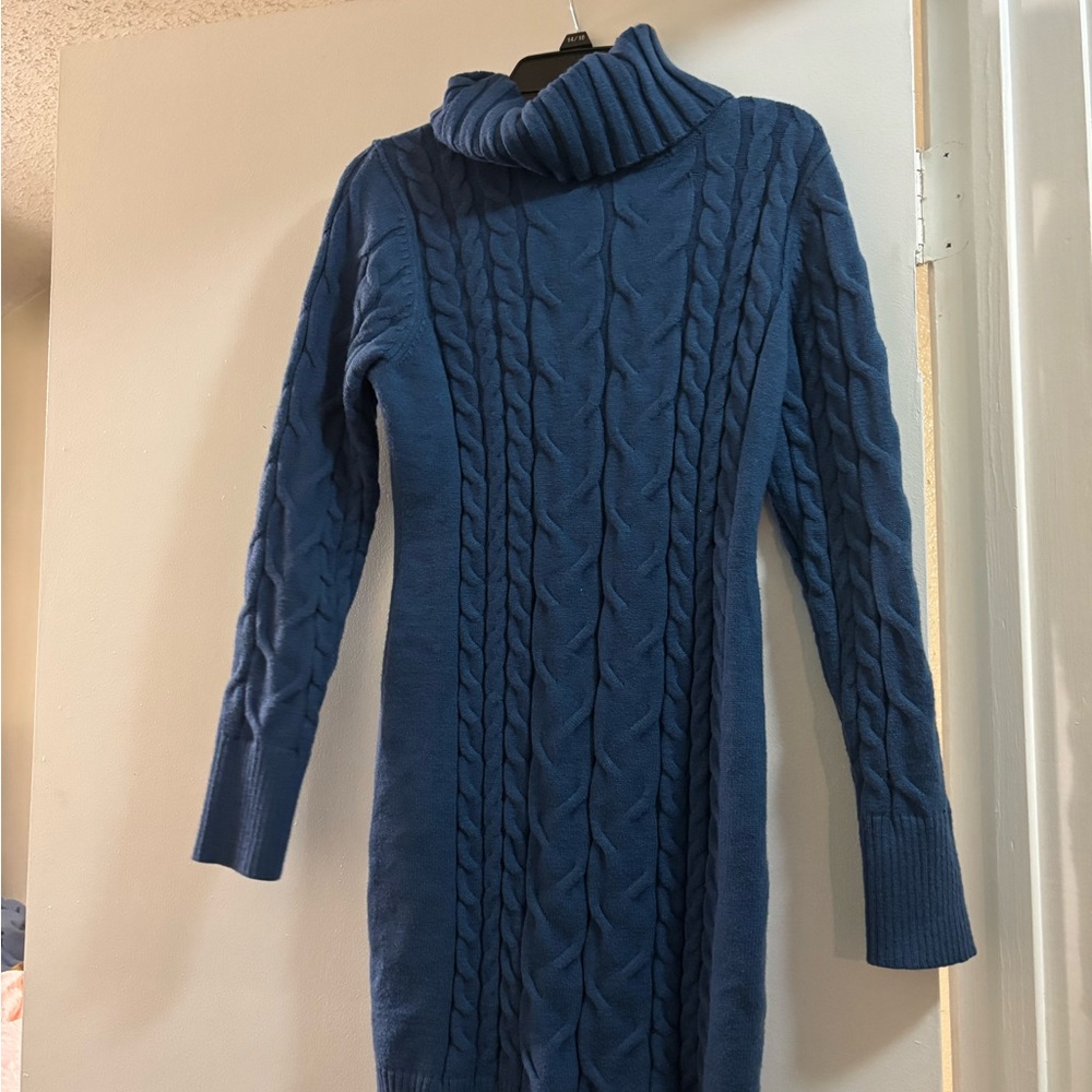 Blue Cable Knit Turtleneck Sweater
